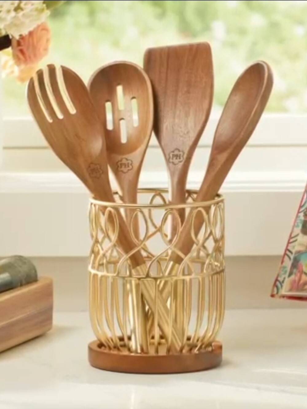 Wooden Kitchen Utensil Set with Gold Holder